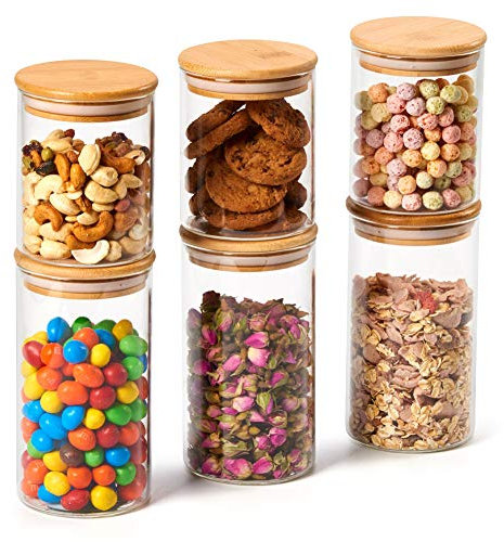 EZOWARE Set of 6 Glass Jars with Airtight Natural Bamboo Lids, 450ml + 700ml Clear Borosilicate Decorative Food Canister Storage Container Set for Home Kitchen Pantry Supplies