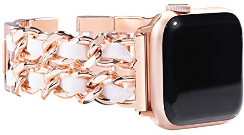 NewWays Kompatibel mit Apple Watch Edelstahl Armband 42mm(Serie 10) 41mm 40mm 38mm,Damen Metall Ersatzarmbänder für iWatch SE Series 10/9/8/7/6/5/4/3/2/1,Roségold/Weiß