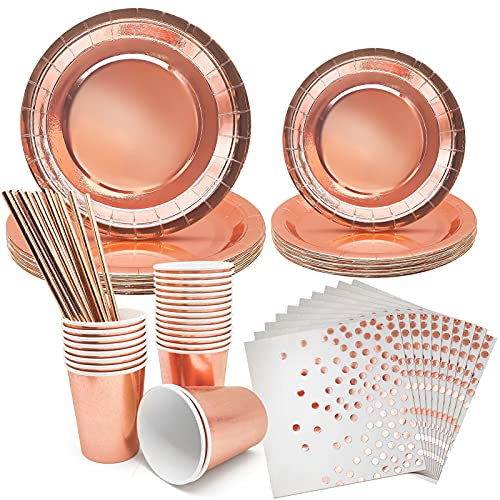 INHEMING Platos de Fiesta Oro Negro, 80 Piezas Vajilla Fiesta Desechable con Platos de Papel, Vasos,Servilletas, Paja, para Festas Cumpleaños Bodas Aniversarios (20 Invitados)