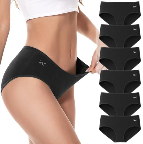 Culotte Femme Coton sous-vêtements Femme Stretch Taille Moyenne Panties Slip Respirant Multipack Paquet de 6, Noir S