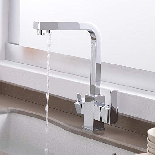 Grifo Cocina Osmosis 3 Vias 3 en 1 Cromado, Doble Salida Fría y Caliente 360 Giratoria Doble Manija, Filtro Agua Mezclador Grifo Fregadero Cocina