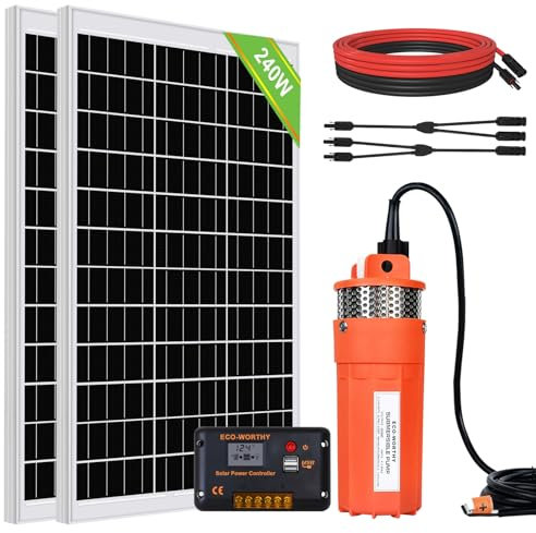 DCHOUSE 240W Kit de pompe submersible solaire à puits profond avec pompe à eau solaire 12V + panneau solaire 2PCS 120W