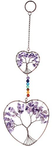 Nupuyai Herzform Lebensbaum Kristall Hänger Deko, Amethyst Stein Herz Traumfänger Fensterdeko Wandbehang Ornament für Wohnzimmer, Balkon, Garten, Auto