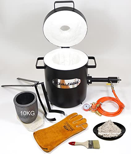 DEVIL-FORGE Propan Metall Schmelzofen 10Kg FB2Mb Full Kit, DFC Brenner (180.000 BTU), Schmelztiegel, Zange, Hitzebeständige Handschuhe, 1450°C Kupfer Aluminium Messing Bronze Silber