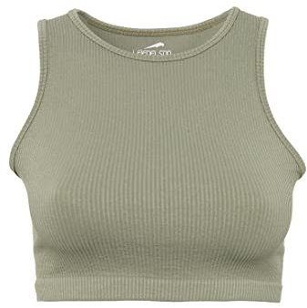 Leif Nelson Sport BH Damen Crop Top Bauchfrei Seamless ärmellos Fitness T-Shirt Mädchen Sport Shirt Yoga Kurzarmshirts LN-8425 Khaki M/L
