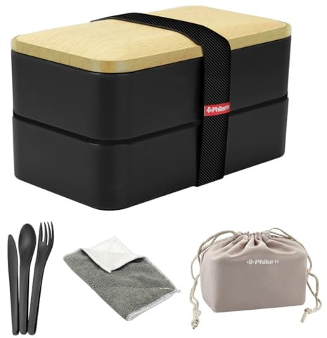 Philorn Bento Box Erwachsene Japanisch mit Besteck, Lunchbox Butterbrotdose Vesperbox Mikrowellengeeignet, Brotzeitbox Frühstücksbox, Auslaufsicher Brotdose, Ideal für die Arbeit, Schule und Unterwegs