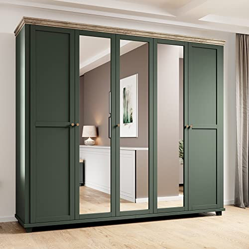 Lomadox Kleiderschrank Landhausstil mit 3 Spiegeln, in grün mit Lefkas Eiche Nb., B/H/T: ca. 246/216/62 cm