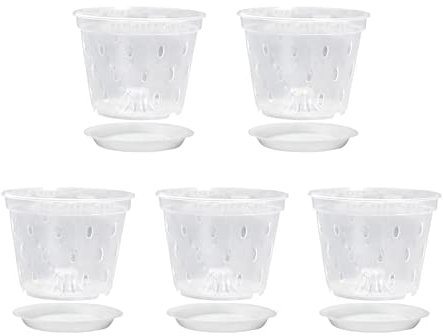 5 macetas de orquídeas, macetas transparentes para trasplantar orquídeas con agujeros de drenaje y platillos, maceta de vidrio transparente para orquídeas, macetas de orquídeas ranuradas para