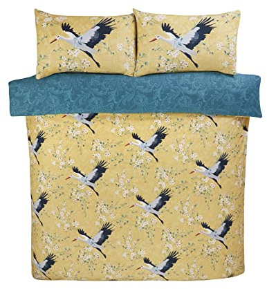 Rapport Home Crane Birds Kingsize Bedding: Luxurious Reversible Microfibre Duvet Cover Set in Ochre with 180 Threadcount