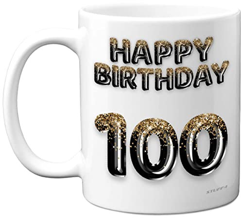 100th Birthday Gift for Men - Black Gold Glitter Balloons - Happy Birthday Mug Present for 100 Year Old Dad Grandad Uncle Cousin Grandpa, 11oz Ceramic Dishwasher Safe Coffee Mugs Cup