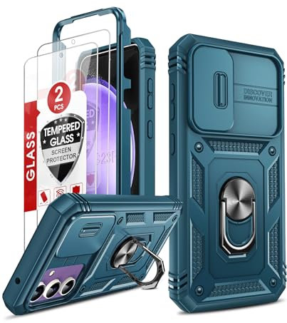 LeYi Hülle für Samsung Galaxy S23 FE Objektivschutz Handyhülle & 2*Glasfolie Schutzglas,Hybrid Kammeraabdeckung Schutzhülle Outdoor Ringhalterung Cover Kratzfest Case Halter Handy Hüllen Blau