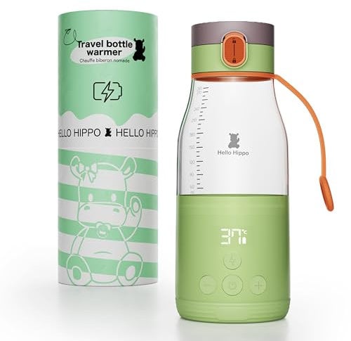 HELLO HIPPO® Premium Chauffe biberon Nomade, portable, USB, 300 ml - sans fil - sur batterie - idéal Voyage - Réchauffe lait et eau - Graduation /30 ml - Température réglable 37 à 50°C + maintien