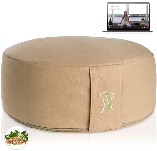 BACKLAXX ® Yoga Kissen, Meditationskissen XL 35cm [30% mehr Sitzfläche], 15cm hoch mit Buchweizenfüllung, perfektes Meditation Zubehör, Yogakissen rund inkl. Videokurs - Pouf Sitzkissen Boden