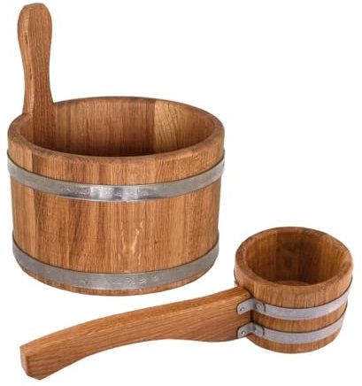 Waldmeister Sauna Set - Eichenholz Aufgusskübel 5L -inkl. 0,5L Sauna Aufgusskelle - 30 x 27 x 27 cm - traditionelle ukrainische Handarbeit