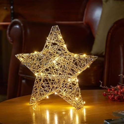Marco Paul 20 cm LED Light Up Christmas Star Decoration Battery Operated Wire Mesh Gold Star Ornament with Auto Timer Festive Xmas Home Decoration
