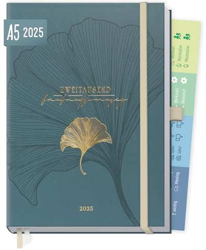 Häfft® Business-Timer Deluxe 2025 A5 Blue Ginkgo 1 Woche 2 Seiten - Buchkalender, Terminplaner, Wochenplaner, Wochenkalender, Organizer, Terminkalender - nachhaltig & klimafreundlich