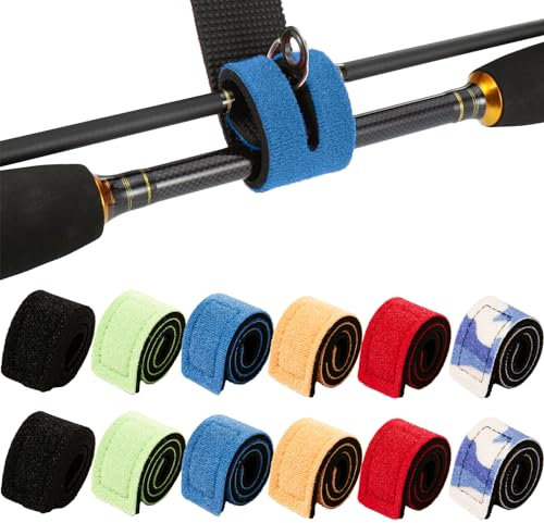 TAIXING 12 Pcs Angelrute Gürtel, Mixed Color Angelrute Klettverschluss Einstellbar Neopren Angelrutenriemen, Elastisches Angel Rutenbänder für Feste Angelruten Gear Strap Spinnrute Meer Rute Feeder