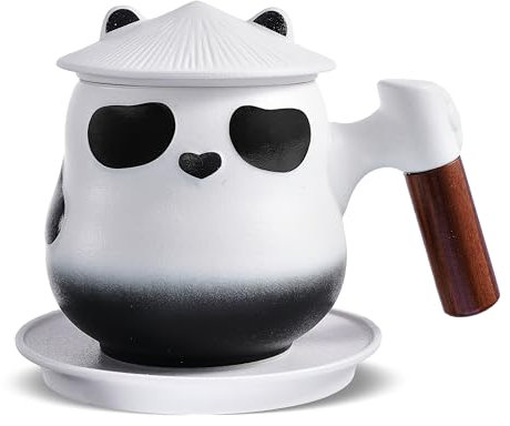 ZENS Gifts for Mom, Novelty Panda Tea Strainer Cup with Saucer, 11oz Cute Tea Infuser Mug with Lid and Wood Handle for Loose Tea Steeping, Gradient Ceramic Black Tea Cup for Tea lovers gifts.