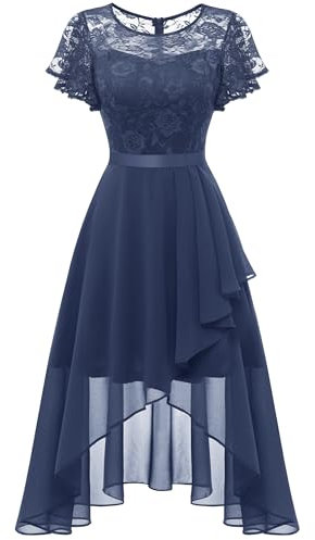 Wedtrend Robe de Soirée Élégante pour Femme - Cocktail, Bal avec Dentelle - Ligne A Courte Festive Vokuhila, Gris/Violet, M