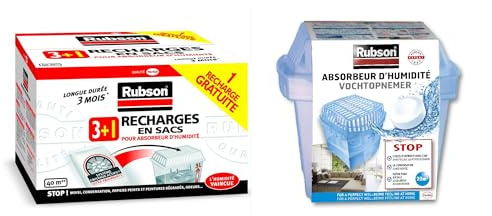 Lot de 2 produits Rubson - recharges en sac pour absorbeur d'humidité - (recharges de 1 kg + 1 recharge 1 kg gratuite) & absorbeur d'humidité Basic pour pièce de 20 m² - contient une recharge