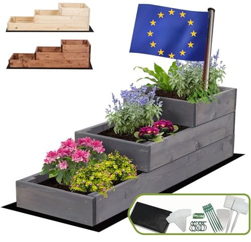 MODO24 Hochbeet Holz, 3-stufiger Pflanzkasten, Blumenkasten, Gemüsebeet, Kräuterbeet, Anzuchtset, Anzuchtkasten, mit Gartenvlies als Unterlage und Schrauben, Abmessungen 27x30x93 cm, Farbe: Grau