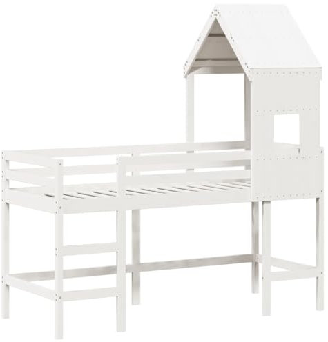 vidaXL Hochbett, Kinderbett mit Leiter Dach Sicherheitsgeländer, Spielbett für Kinderzimmer, Bett Holzbett Einzelbett, Weiß 80x200cm Massivholz Kiefer