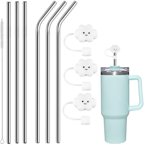 6 Pièces Pailles Droites Pailles Réutilisables en Acier Inoxydable 304 Longues Pailles en Métal Pailles Courbées Réutilisables Ensemble de Paille en Inox avec 1 Brosses de Nettoyage 3 Couvercles