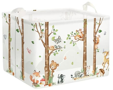 Clastyle 36L Grande Cestino Portaoggetti Albero di Betulla Animali Bianco con Maniglia Ceste per la Biancheria Pieghevole Rettangolare Matite Vestiti Giocattolo per Camera dei Bambini