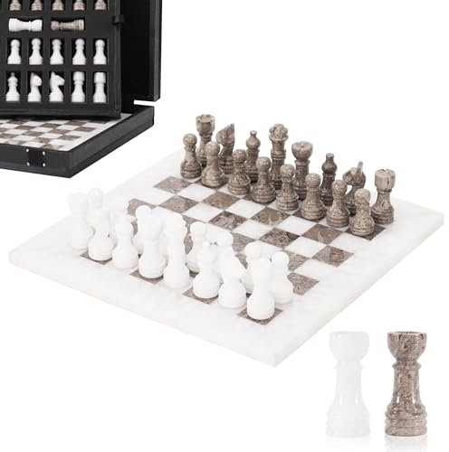 Marmor-Schach-Set für Erwachsene, 25,4 cm, handgefertigt, Weiß & Ozeanisches Brettspiel mit 32 Schachfiguren, 2 zusätzlichen Königinnen & Aufbewahrungsbox, luxuriöses Reisespiel, elegantes Geschenk