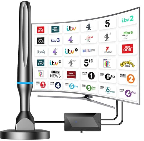 TV Aerial, Freeview Indoor TV Aerial with 500+ Miles Range, 360° Reception TV Antenna Indoor with Signal Booster, indoor aerial for tv Magnetic Base, Support 4K 1080P VHF/UHF/DAB Radio and All TV