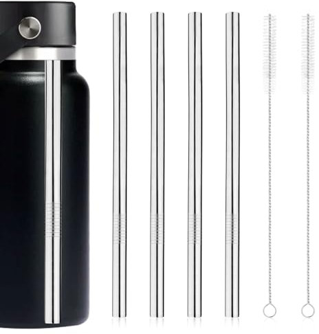 Gosknor 4pcs Metal Straw Replacement with 2pcs Straw Brushes for Hydro Flask, Silver Stainless Steel Practical Straws Replacement Accessories Compatible with Hydroflask Wide Mouth Bottle 64oz