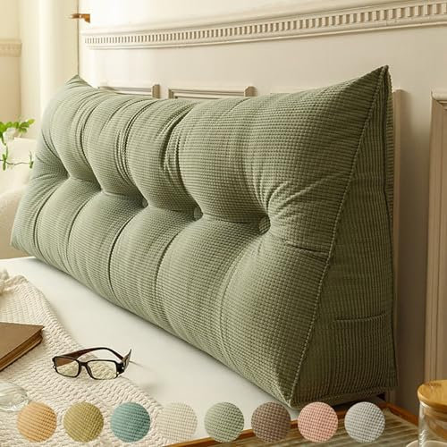 Rückenkissen Bett Armeegrün 60cm, Groß Lesekissen für Bett und Sofa, Cord Bettkissen Rückenlehne Rückenpolster Keil Kopfteil Kissen, Dreieckige Rückenstützkissen Keilkissen Lendenkissen Kopfkissen