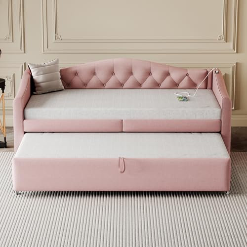 Zepneiy Ausziehbares Schlafsofa, gepolstert, 90 x 200 cm, mit USB-Anschluss und Knöpfen, Leinen, Rosa (Matratze nicht im Lieferumfang enthalten)