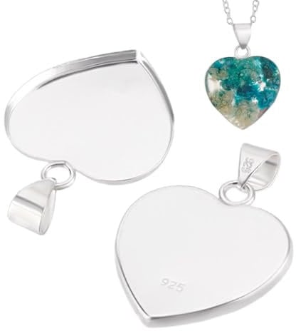 PH PandaHall 2 piezas de plata de ley 925 con forma de corazón en blanco, bandejas de cabujón para colgantes, cabujones para fotos, collares, llaveros, joyas, regalo de San Valentín, bandeja: 21,5 x