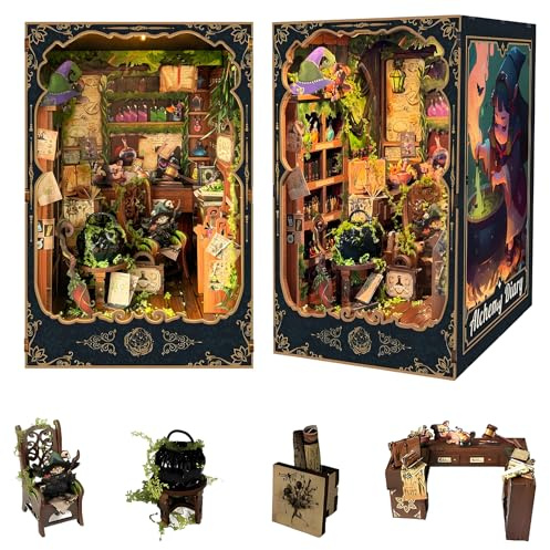 Spilay DIY Book Nook Kit, DIY Puppenhäuser holz Miniatur Haus Möbel Kit Mit LED-Licht, Schutzhülle, 3D Holzpuzzle Buchstütze Bücherregal Dekoration, Buchstützen Modell Build-Creativity Kit-SQ-43