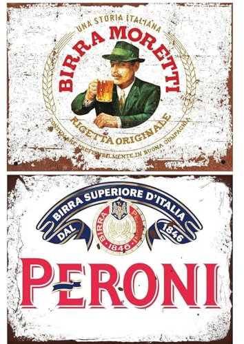 Vintage Italian Beer Lager Alcohol Metal Wall Sign, Set of 2 Decorative Pub Signs Plaque for Man Cave Garden Bar Gift for Him - 2 Pack