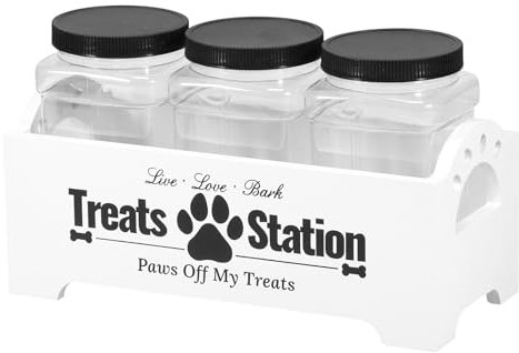 JEJUWE Dog Treat Container Wooden Dog Food Storage Container with 3 Plastic Jars Air Tight Reusable Cute Pet Biscuit Container for Dog and Cat (White)