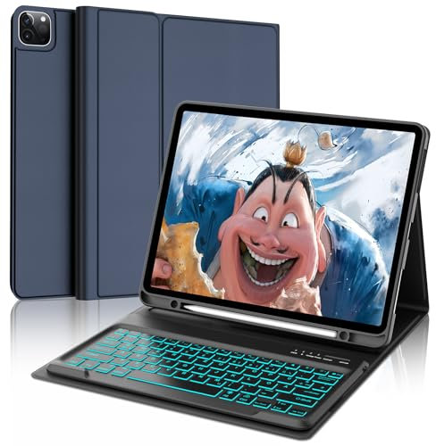 FOGARI Custodia con tastiera per iPad Pro 12.9 (6/5/4/3 Gen), 7 colori di illuminazione, QWERTZ, tastiera magnetica rimovibile Bluetooth per iPad da 12,9 pollici, blu scuro