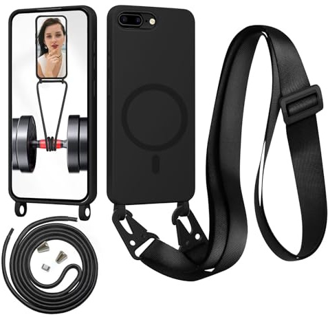 Beajew Handykette für iPhone 6 Plus/iPhone 7/8 Plus Hülle mit Band [Kompatibel mit Magsafe] Silikon Necklace Handyhülle Magnetische Schutzhülle zum Umhängen Kordel für iPhone 6/7/8 Plus, Schwarz