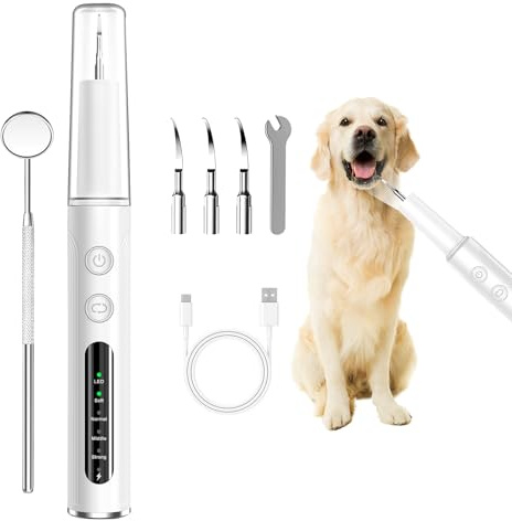 Plaque Remover for Teeth - Pet Tooth Cleaner - Teeth Cleaning Kit for Tartar and Stains for Dogs, Professional Pet Dental Cleaning Tool with LED Light, 4 Speed Settings, 10 Min Auto-Shutof, White