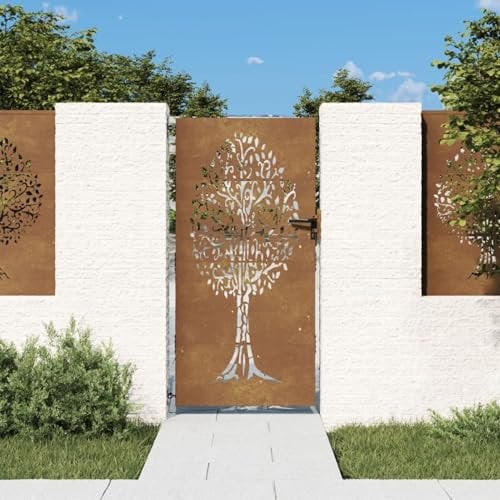 Festnight Puerta de Jardín Metalica 85 x 200 cm, Puerta de Exterior de Acero Corten, diseño árbol