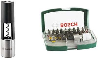 Bosch 1600A001YD IXO Vino Adapter (Corkscrew), Silver Colours + 32pc. Screwdriver Bit Set (PH-, PZ-, Hex-, T-, TH-, S-Bit, Accessories Drill and Screwdriver)