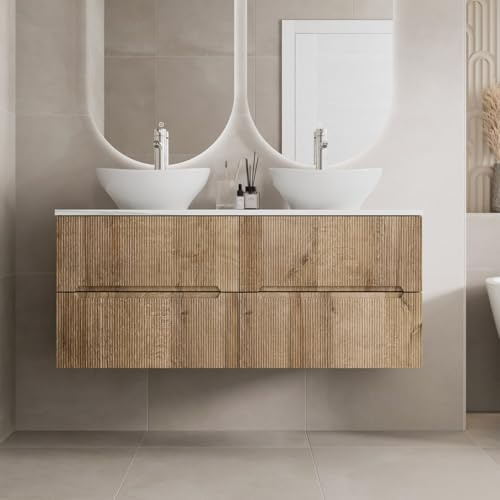 Vitusso® 1200mm Fluted Bathroom Cloakroom Vanity Unit White Marble Countertop Double Oval Basin Sink Wall Hung Storage Furniture Soft Close, Oak