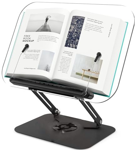 Buchständer aus Acryl zum Lesen für Kochbuch, Zeitschrift, Tablet, Laptop | Buchhalter Leseständer mit um 360° drehbaren Sockeln, elastische Clips, verstellbarer, zusammenklappbar, tragkraft 11 lb