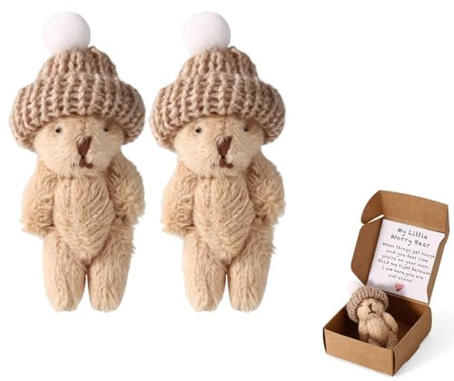 TOYMIS 2 Sets Kleiner Bär in Schachtel mit Hut, Entzückende Mini Plüschbär mit Aufmunternder Karte Süße Inspirierende Puppe für Büro Schreibtisch Dekoration und Geburtstagsparty Geschenk