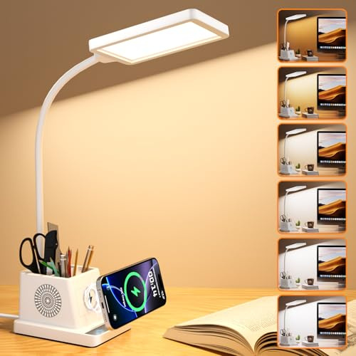 15W LED Schreibtischlampe , kabellos Laden, 360° Schwanenhals, Touch-Dimmer | Augenschutz, flimmerfrei, Mehrere Beleuchtungsmodi，60 Min Timer, Speicherfunktion, Stiftablage, für Kinder Schlafzimmer Büro