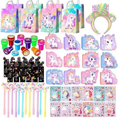Huxolynifty Gadget Unicorno Compleanno,84 Pezzi Set di Unicorno Bomboniere Festa Sacchetti Regalo Braccialetti a Schiaffo Taccuino Unicorno Portachiavi Timbri etc Bomboniere per Feste