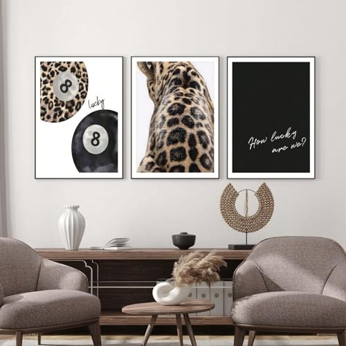 Xiyocadt 3er-Poster-Set, Wandkunstbild mit Leoparden- und Gepardenmotiv, Funky Lucky 8 Ball Poster, Wandkunst-Poster für moderne Zimmer- und Heimdekoration, Ohne Rahmen (40x50cm)