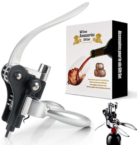 Set Cavatappi di Qualità con Tagliafoglio, Versavino e Tappo a Vuoto, Cavatappi a Leva Ergonomico in Lega di Zinco per Tutti i Tappi, Per Uomo e Appassionati di Vino
