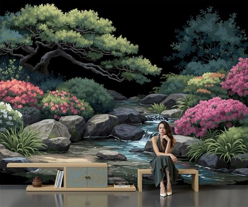 GSAEIMCT Papier Peint Mural Noir Rochers Arbres 350X260Cm,Papier Peint Panoramique 3D Jardin Japonais,Poster Photo Décoration Murale,Pour Salon Chambre Couloir Bureau Rénovation